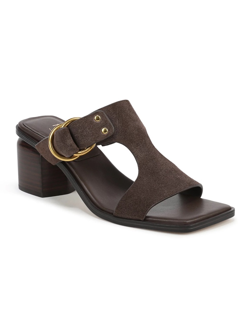 Nordstroms Franco Sarto Brown Suede Block Heel Mule with Gold Buckle